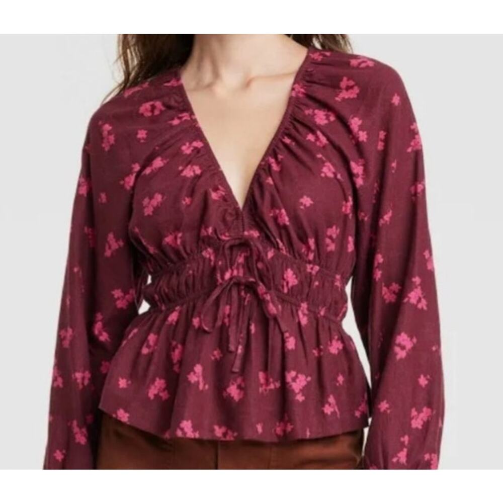 NWT Universal Thread Burgundy Pink Floral Tie Front Boho Blouse Small